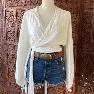 Free People White Wrap Lace Trim Long Sleeve Blouse with Tie Waist